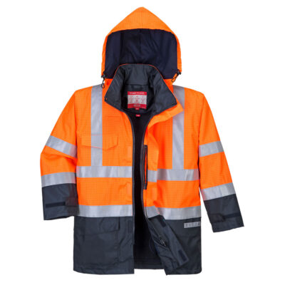Hi-vis Bizflame vandtæt multibeskyttende jakke - Orange/Marine