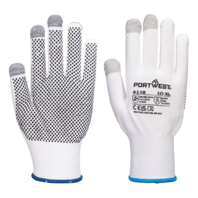 Grip 13 PVC prikket touchscreen handske (Pk12) - Hvid/Grå